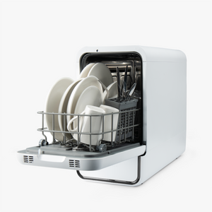 Portable dishwasher with dishes inside on a white background