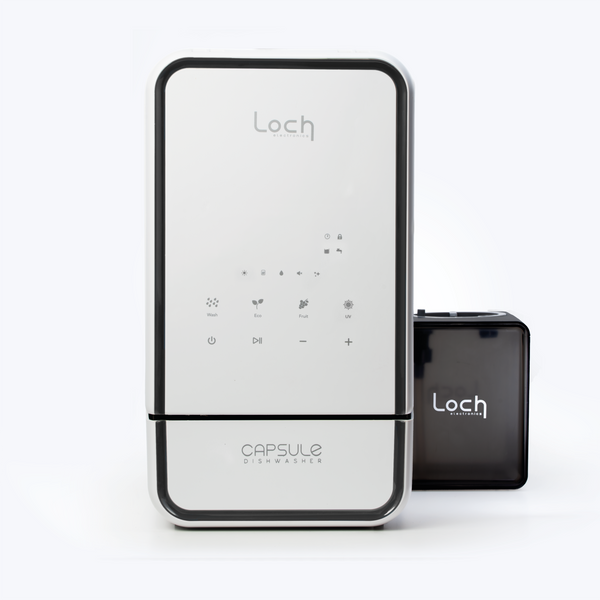 Capsule dishwasher with Loch branding on a white background