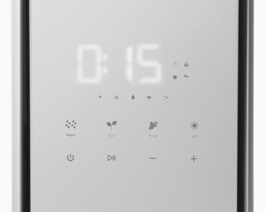 Control panel with digital display and various icons on a light gray background