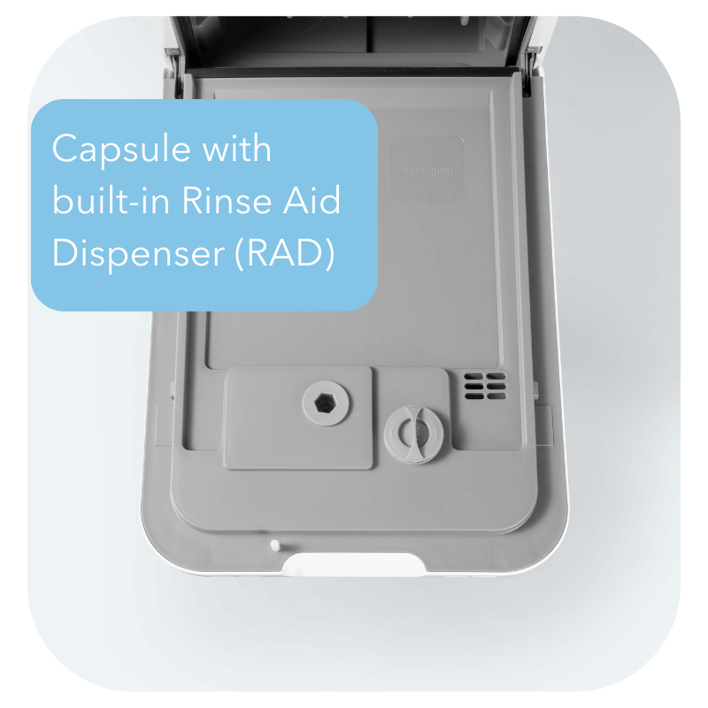 Capsule with built-in Rinse Aid Dispenser (RAD) on a white background