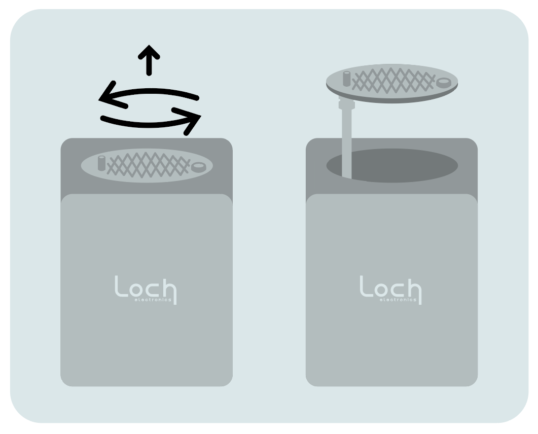 Illustration of a Loch product with a manhole cover and directional arrows on a light gray background.