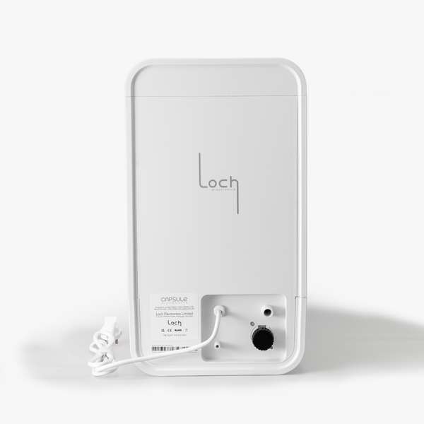 White electronic device with 'Loch' branding on a light gray background