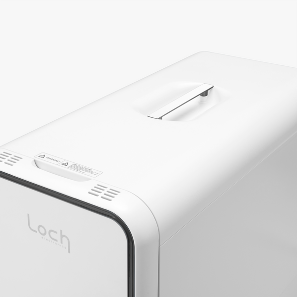 White electronic device with 'Loch' branding on a light gray background