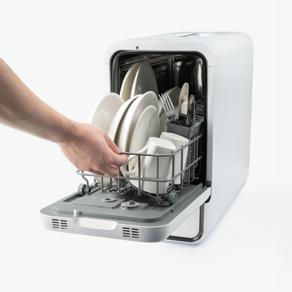 Portable dishwasher with dishes inside on a white background